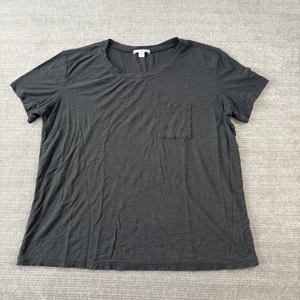 James Perse T Shirt Women 3/L Black Scoop Neck Pocket Tee Burnout Casual Basic
